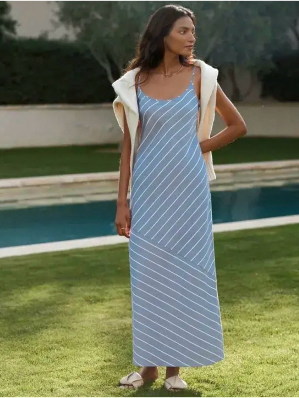 Jenni Kayne Blue and White Striped Diagonal Maxi Dress | XS